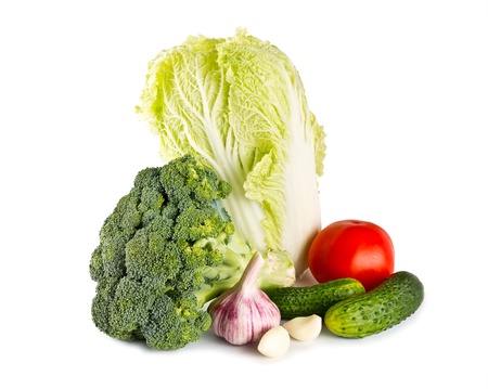 broccoli, garlic, tomato and cucumber isolated on white backgroundの写真素材