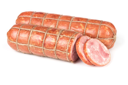 Smoked sausage, tied with thread isolated on white background
