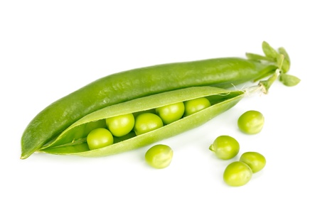 Fresh green peas in the pod isolated on white backgroundの写真素材