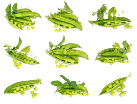 Set of green peas isolated on white backgroundの写真素材