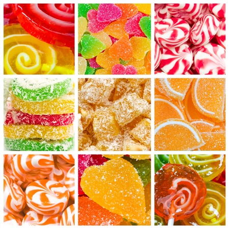 Collage of different colorful  candy and sweetsの写真素材