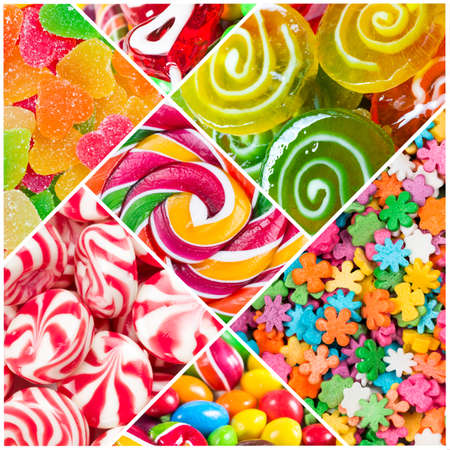 Collage of different colorful  candy and sweetsの写真素材