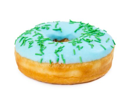 Tasty donut with blue glaze and sprinkles isolated on white background.の写真素材