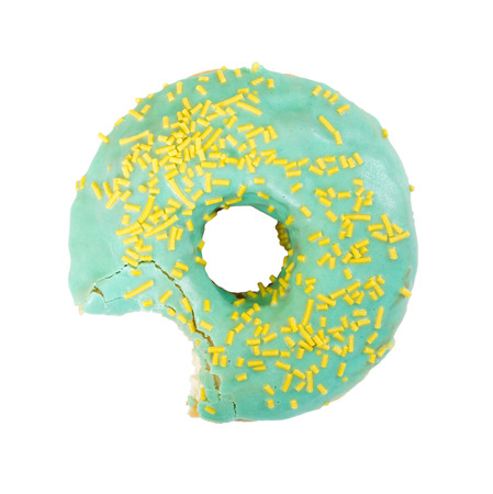 Bitten donut isolated on white background. Top view.の写真素材