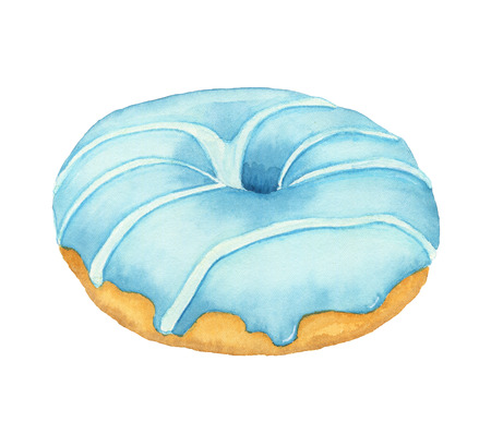 Watercolor donut with blue frosting isolated on white background.の写真素材