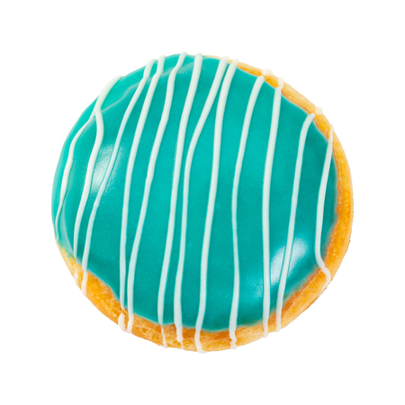 Berliner donut turquoise color with white stripes isolated on white background. Top view.の写真素材