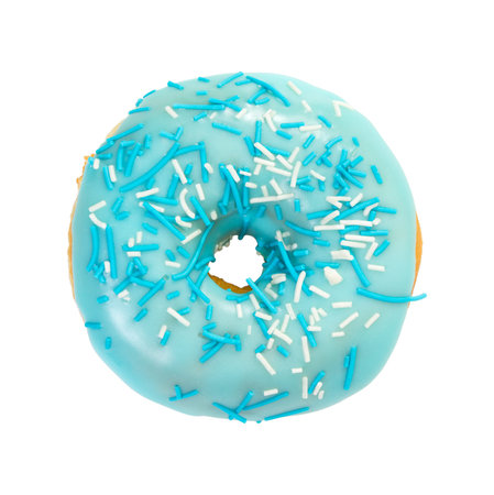 Donut with blue glaze and blue and white sprinkles isolated on white background. Top view.の写真素材