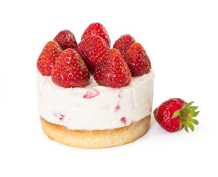 Delicious strawberry cheesecake with fresh strawberries isolated on white backgroundの写真素材