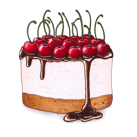 Cheesecake with fresh cherries isolated on white background. Hand drawn marker illustration.の写真素材