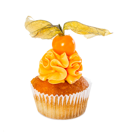 Cupcake with fresh physalis isolated on white background.の写真素材