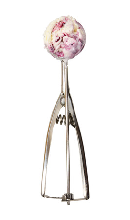 Blueberry ice cream in metal spoon isolated on white background. Top view.の写真素材