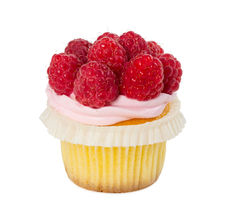 Cupcake with fresh raspberries isolated on white background.の写真素材