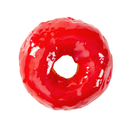 Donut with bright red glossy mirror glaze isolated on white background. Top view.の写真素材