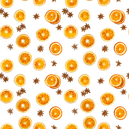Seamless pattern with slices of dried orange and star anise isolated on white background.