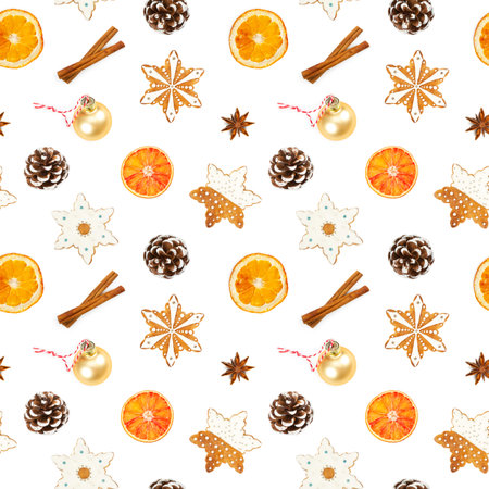 Seamless pattern with Christmas gingerbread cookies in the shape of snowflakes, dried oranges,...