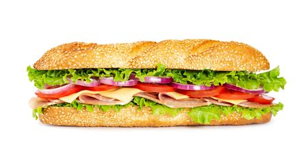 Sandwich with ham, tomato, cheese, onion and lettuce isolated on white backgroundの写真素材