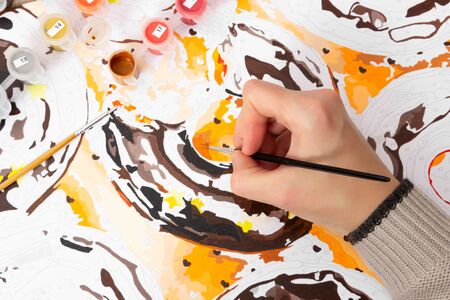 Drawing by numbers with acrylic paints. Creative hobbies and leisure activities. Painting for beginners.の写真素材