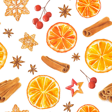 Watercolor seamless pattern with Christmas gingerbread cookies, orange, red berries, star anise and...