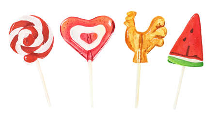 Set of watercolor lollipops isolated on white background. Watercolor hand drawn illustration.の写真素材