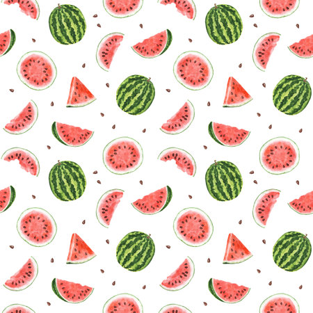 Seamless pattern with watercolor watermelon isolated on white background. Hand drawn watercolor...