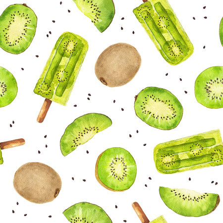 Watercolor seamless pattern with kiwi fruit and  isolated on white background. Hand drawn watercolor illustration.の写真素材