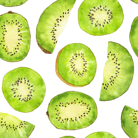 Watercolor seamless pattern with kiwi fruit isolated on white background. Hand drawn watercolor illustration.の写真素材