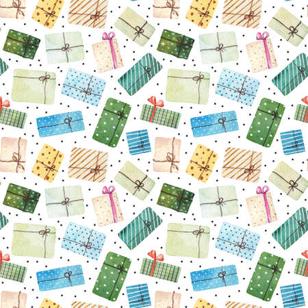 Watercolor christmas seamless pattern with present boxes isolated on white background. Watercolor hand drawn illustration.の写真素材
