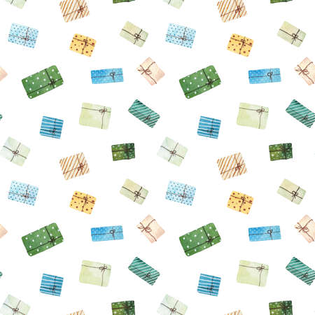 Watercolor christmas seamless pattern with present boxes isolated on white background. Watercolor hand drawn illustration.の写真素材