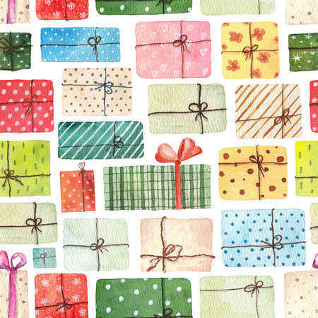 Watercolor christmas seamless pattern with present boxes isolated on white background. Watercolor hand drawn illustration.の写真素材