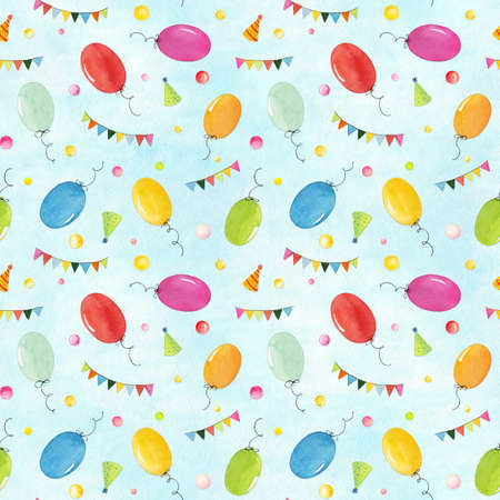 Seamless pattern with watercolor festive colorful balloons and other elements on blue background. Hand drawn watercolor illustration.の写真素材