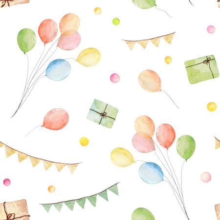 Watercolor seamless pattern with balloons and present boxes isolated on white background. Hand drawn watercolor illustration.の写真素材