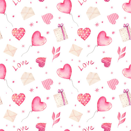 Watercolor seamless pattern with hearts, gifts, balloon and other elements for Valentine's Day isolated on white background. Hand drawn watercolor illustration.の写真素材