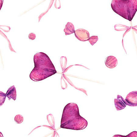 Watercolor seamless pattern with candies and lollipops isolated on white background. Hand drawn watercolor illustration.の写真素材