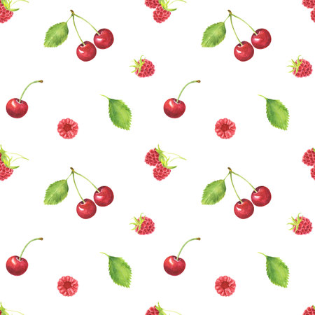 Seamless pattern with watercolor raspberries, cherries and leaves isolated on white background. Hand...