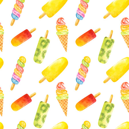 Seamless pattern with watercolor ice cream isolated on white background. Hand drawn watercolor illustration.の写真素材