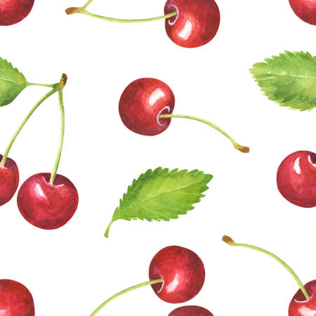 Seamless pattern with watercolor cherry isolated on white background. Hand drawn watercolor illustration.の写真素材
