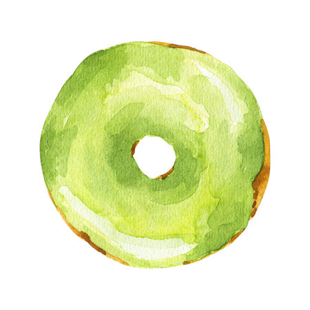 Watercolor green donut isolated on white background. Hand drawn watercolor illustration.の写真素材
