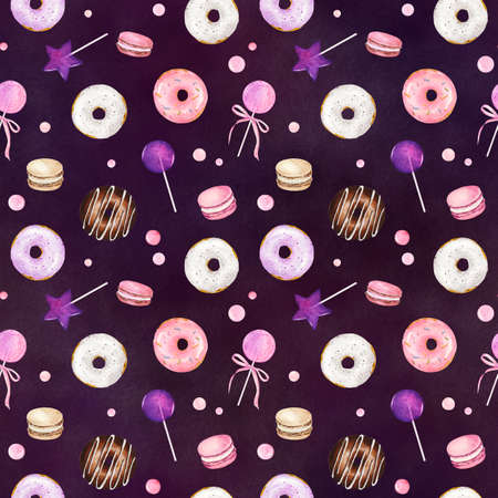 Seamless pattern with watercolor donuts, macaroons and candies on dark background. Hand drawn watercolor illustration.の写真素材