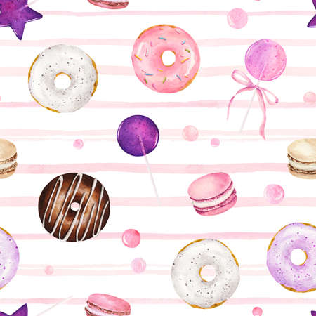 Seamless pattern with watercolor donuts, macaroons and candies on white striped background. Hand drawn watercolor illustration.の写真素材