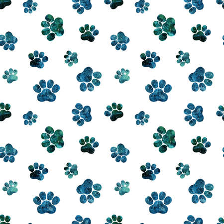 Seamless pattern with blue rainbow silhouettes of watercolor cat paws isolated on white background. Hand drawn watercolor illustration.の写真素材