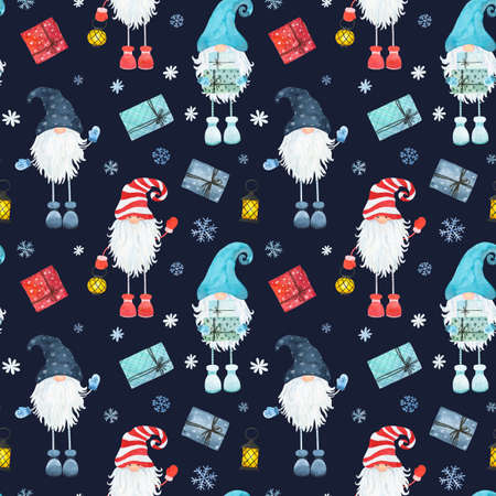 Watercolor Christmas pattern with scandinavian gnome and giftes isolated on dark background. Hand drawn watercolor illustration. Can be used for wrapping paper, textile, wallpaper, cards.の写真素材
