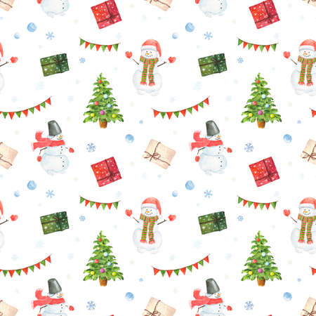 Watercolor Christmas pattern with snowman, giftes and snowflakes isolated on white background. Hand drawn watercolor illustration. Can be used for wrapping paper, textile, wallpaper, cards.の写真素材