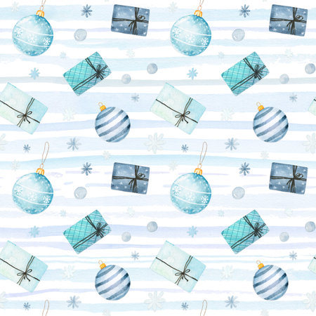 Watercolor christmas seamless pattern with present boxes and christmas balls on striped background....