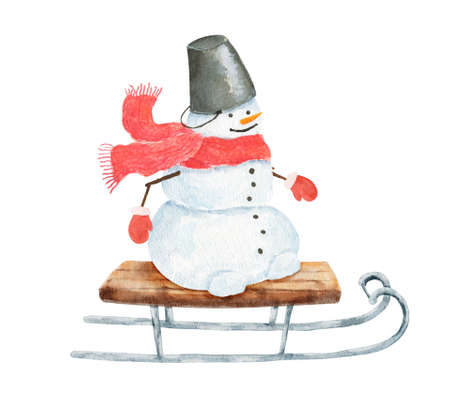 Watercolor snowman on old vintage sleigh isolated on white background. Hand drawn watercolor illustration.の写真素材