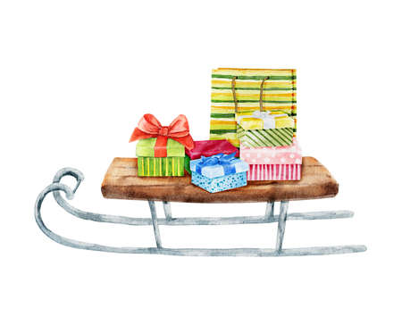 Watercolor Christmas gifts on old retro sleigh isolated on white background. Christmas decorative elements. Hand drawn watercolor illustration.の写真素材