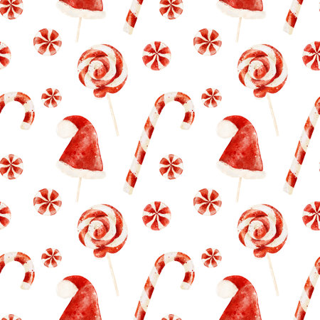 Seamless pattern with watercolor christmas candies isolated on white background. Christmas...
