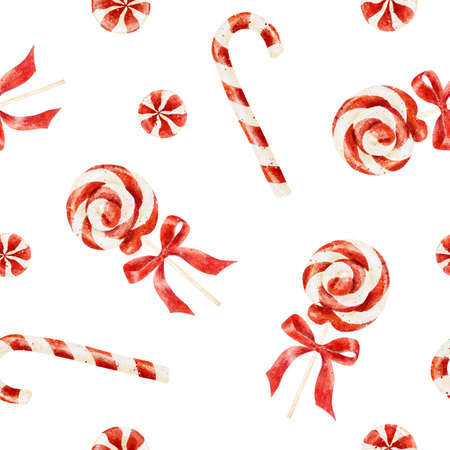 Seamless pattern with watercolor christmas candies isolated on white background. Christmas decorative elements. Hand drawn watercolor illustration.の写真素材