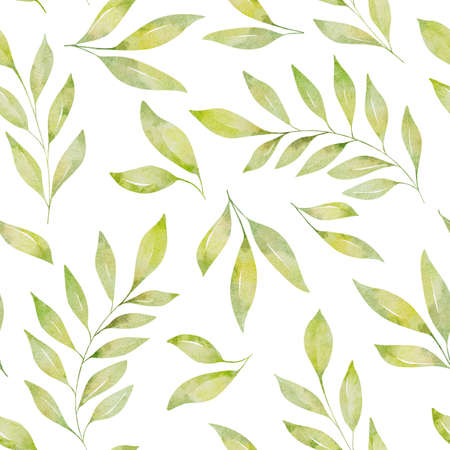 Watercolor floral seamless pattern with green leaves and branches isolated on white background. Can be used for design scrap book paper, wrapping paper, textile, web sites, pattern fills. Hand drawn watercolor illustration.の写真素材