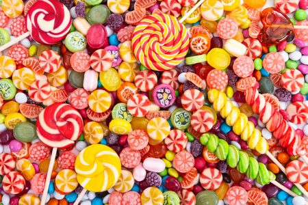 Colorful lollipops and different colored round candy. Top view.の写真素材