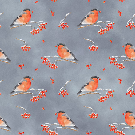 Seamless pattern with watercolor bullfinch with berry in its beak sits on snow-covered branch of rowan on gray background. Hand drawn watercolor illustration.の写真素材